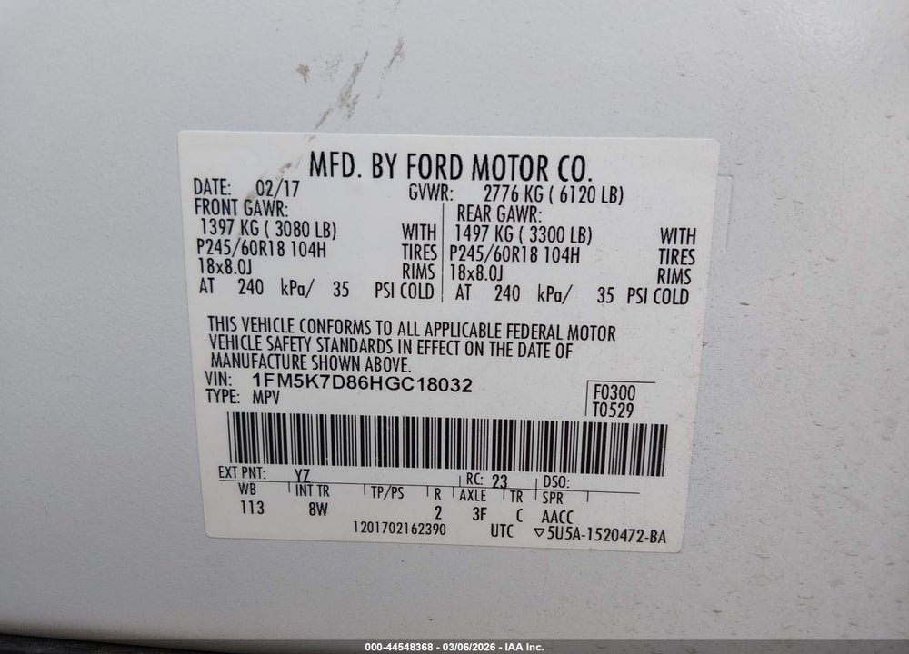 2017 FORD EXPLORER XLT VIN: 1FM5K7D86HGC18032