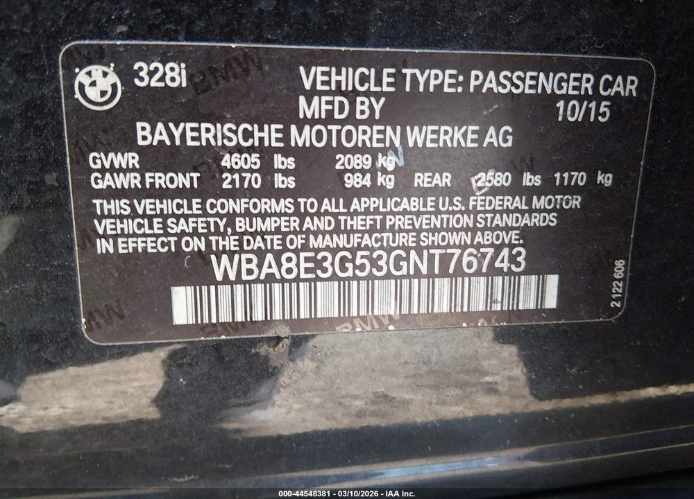 2016 BMW 328I XDRIVE VIN: WBA8E3G53GNT76743
