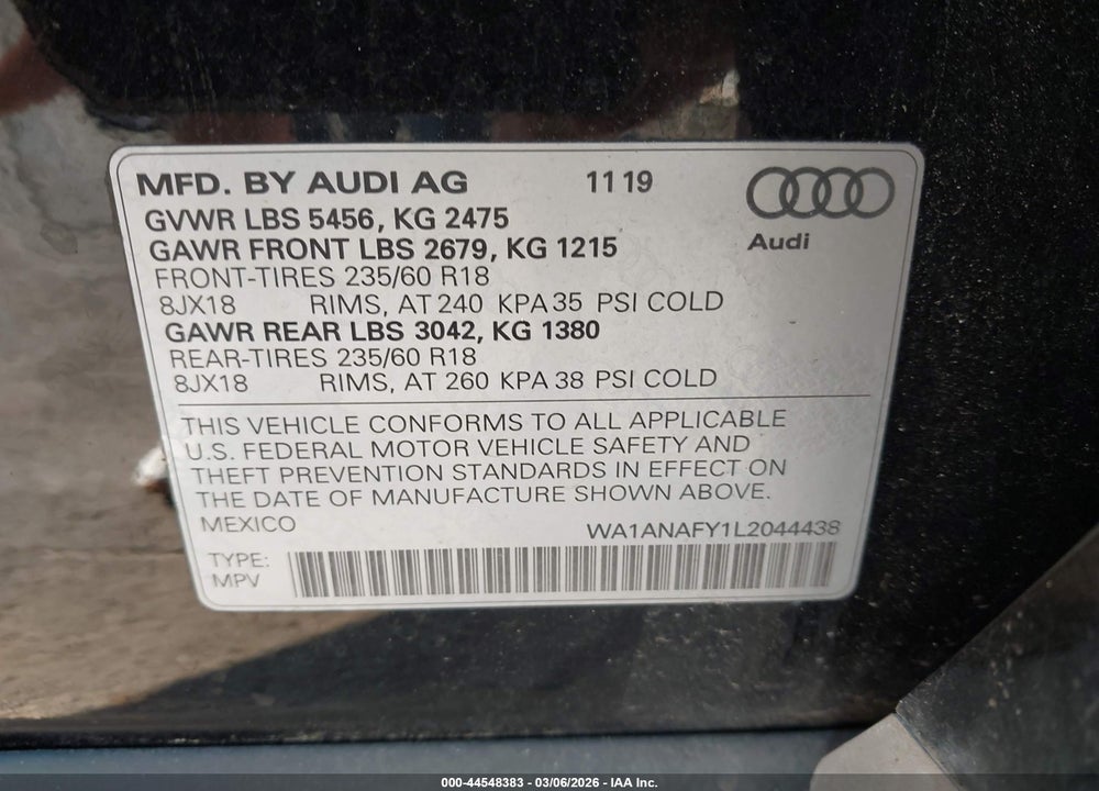 2020 AUDI Q5 VIN: WA1ANAFY1L2044438