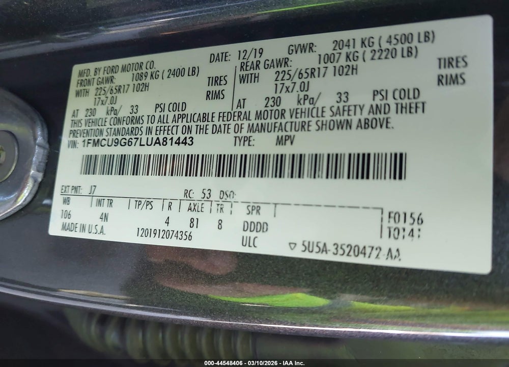 2020 FORD ESCAPE SE VIN: 1FMCU9G67LUA81443