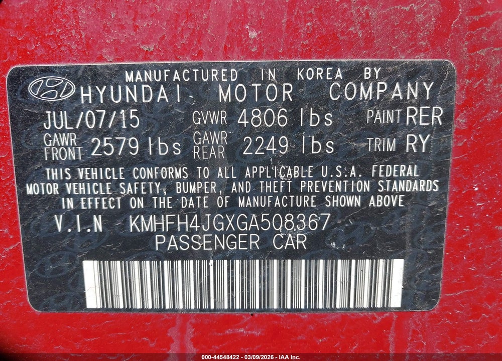 2016 HYUNDAI AZERA LIMITED VIN: KMHFH4JGXGA508367