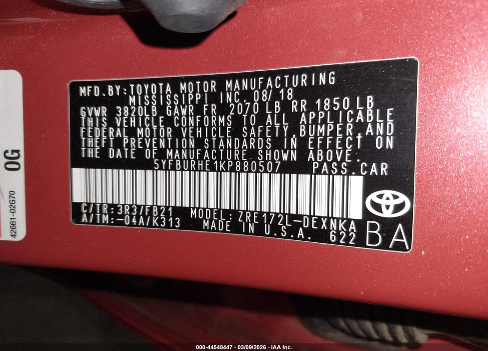 2019 TOYOTA COROLLA LE VIN: 5YFBURHE1KP880507