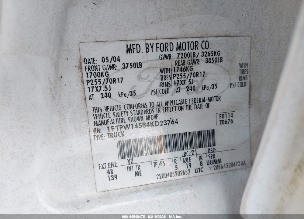 2004 FORD F-150 FX4/LARIAT/XLT VIN: 1FTPW14584KD23764