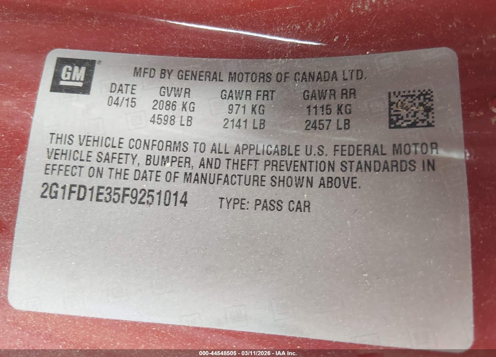 2015 CHEVROLET CAMARO 1LT VIN: 2G1FD1E35F9251014