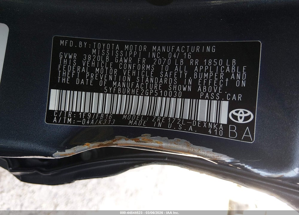 2016 TOYOTA COROLLA LE VIN: 5YFBURHE2GP510030