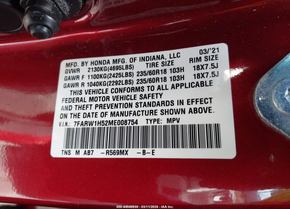 2021 HONDA CR-V 2WD EX VIN: 7FARW1H52ME008754