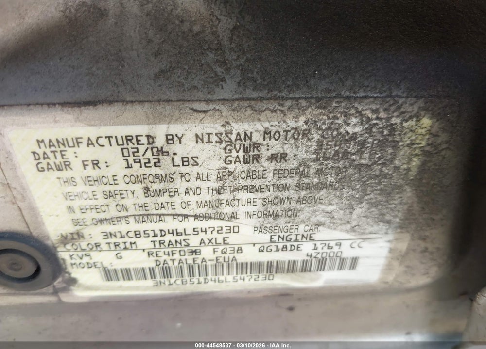 2006 NISSAN SENTRA 1.8S VIN: 3N1CB51D46L547230