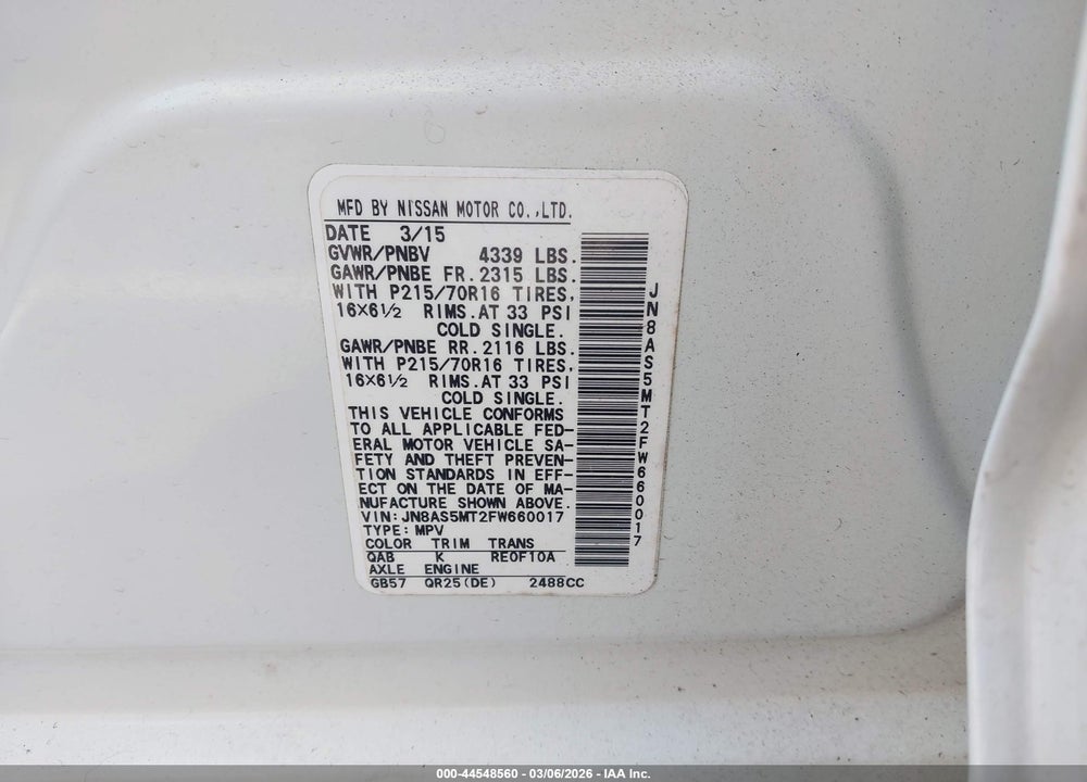 2015 NISSAN ROGUE SELECT S VIN: JN8AS5MT2FW660017