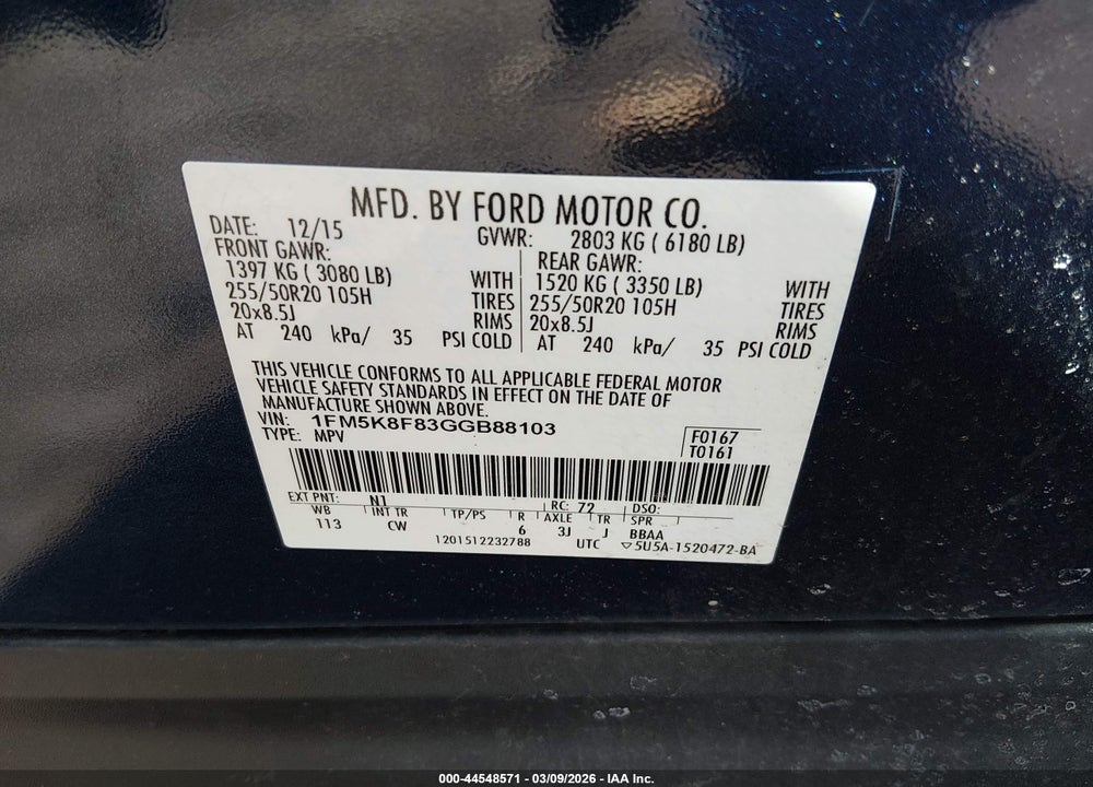 2016 FORD EXPLORER LIMITED VIN: 1FM5K8F83GGB88103