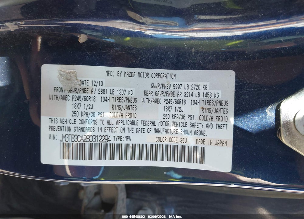 2011 MAZDA CX-9 TOURING VIN: JM3TB3CA2B0312294