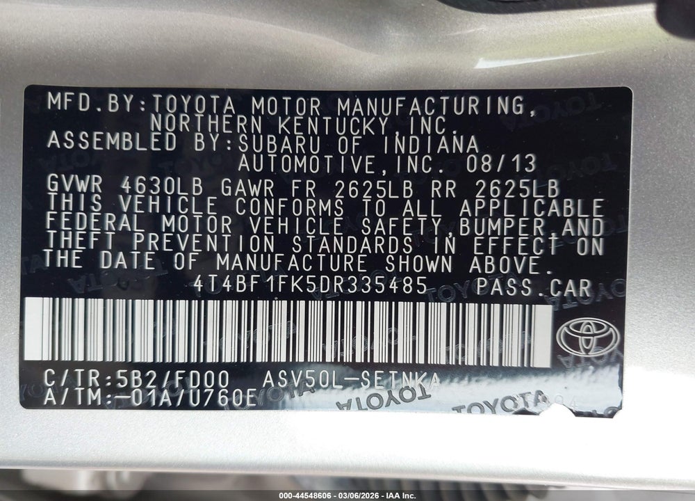 2013 TOYOTA CAMRY LE VIN: 4T4BF1FK5DR335485