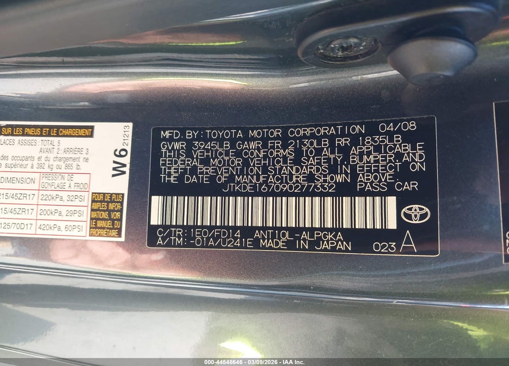 2009 SCION TC VIN: JTKDE167090277332