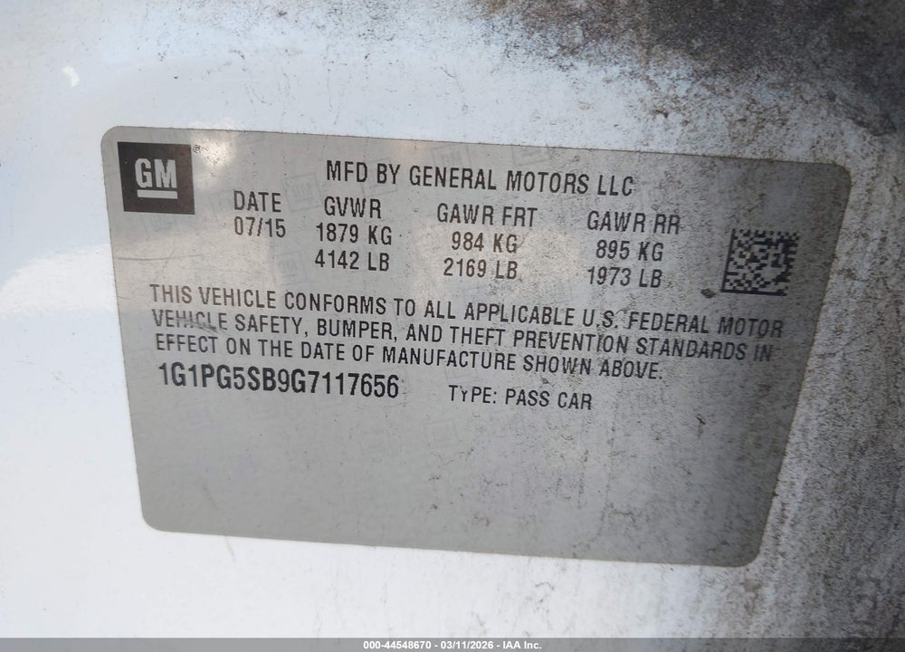 2016 CHEVROLET CRUZE LIMITED LTZ AUTO VIN: 1G1PG5SB9G7117656