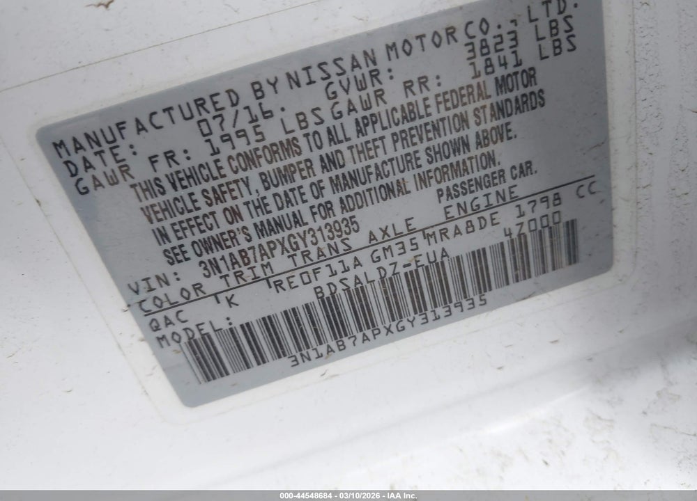 2016 NISSAN SENTRA S VIN: 3N1AB7APXGY313935