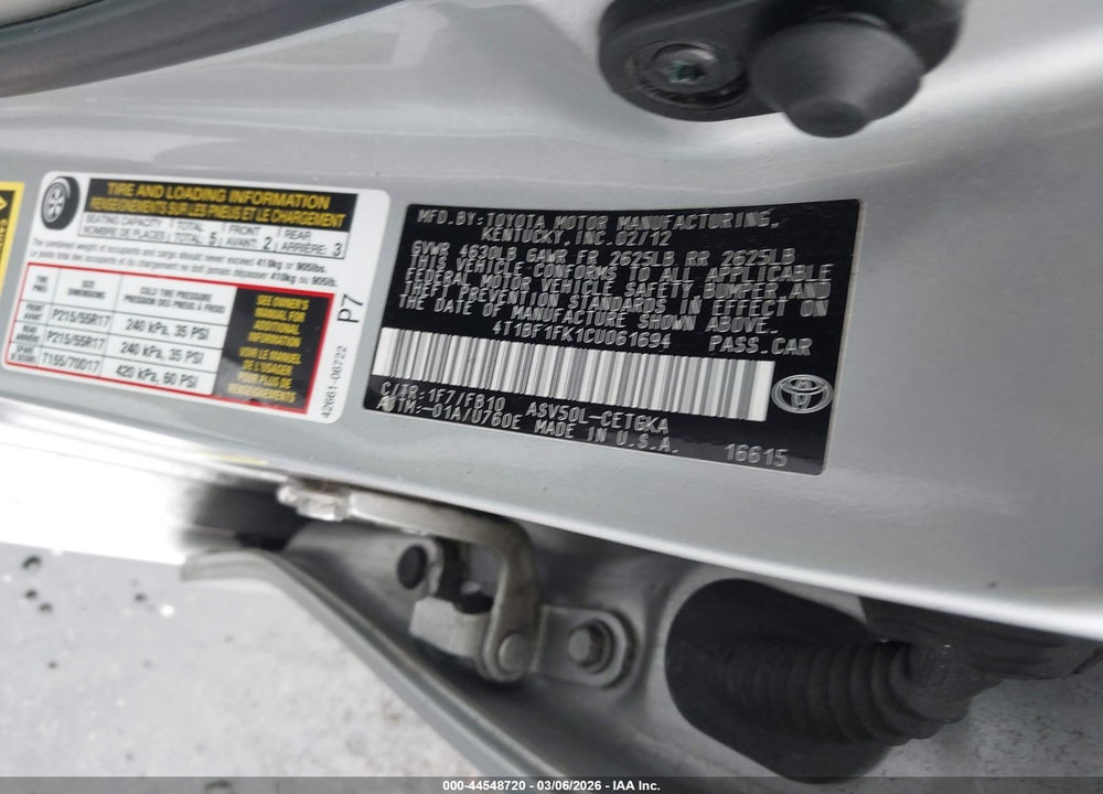 2012 TOYOTA CAMRY XLE VIN: 4T1BF1FK1CU061694