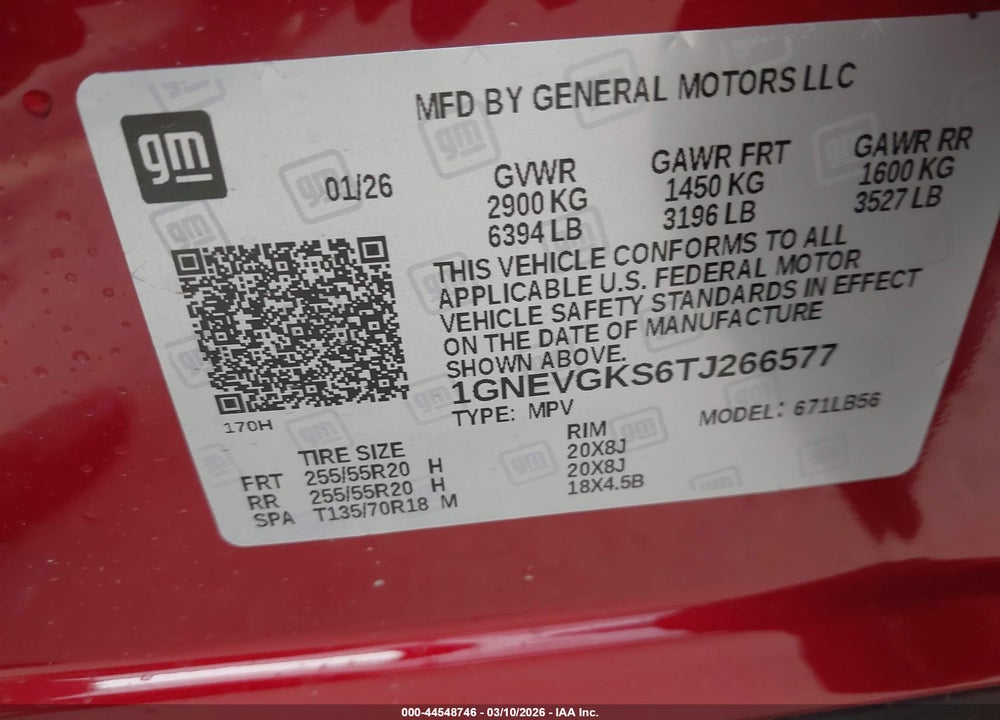 2026 CHEVROLET TRAVERSE AWD LT VIN: 1GNEVGKS6TJ266577