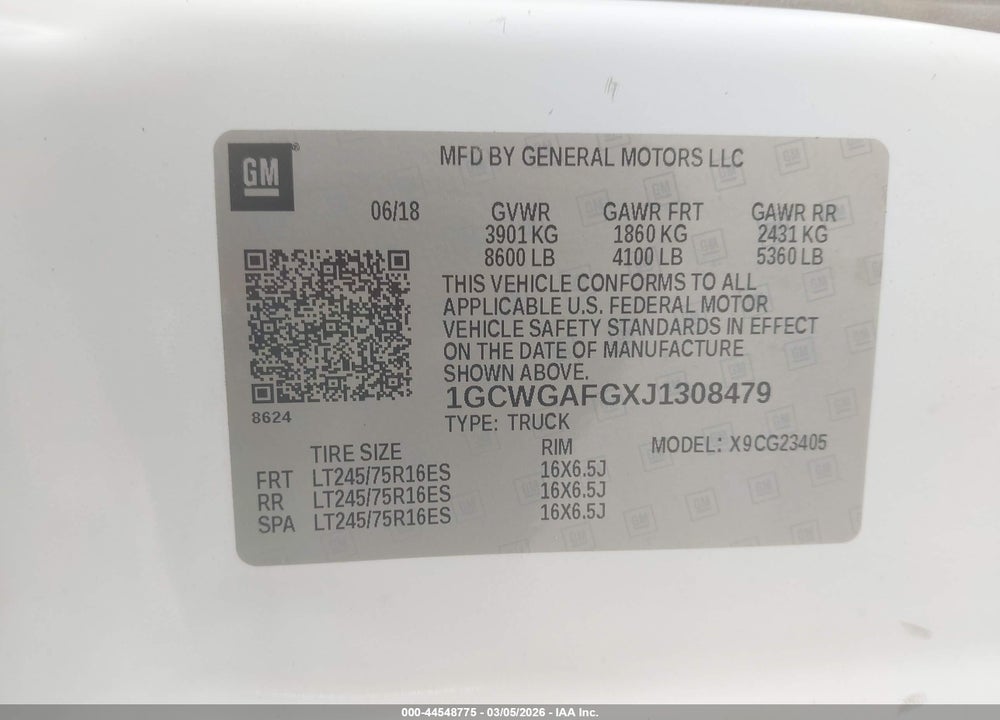 2018 CHEVROLET EXPRESS 2500 WORK VAN VIN: 1GCWGAFGXJ1308479