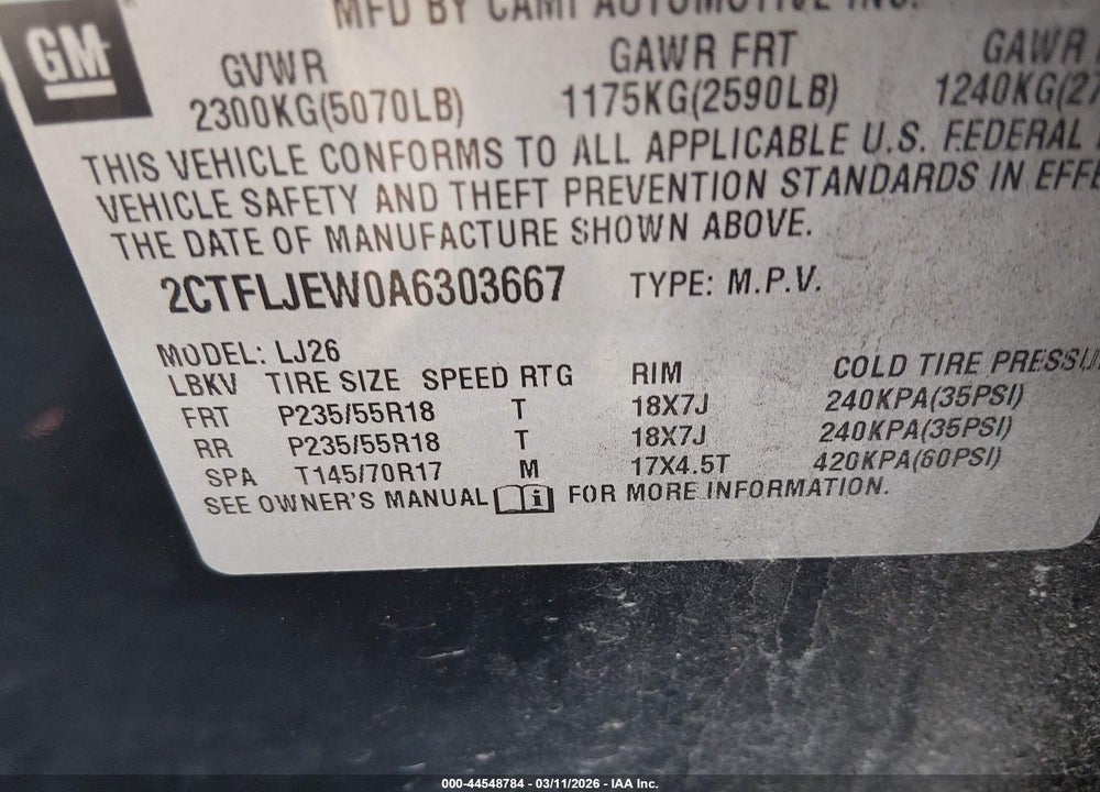 2010 GMC TERRAIN SLT-2 VIN: 2CTFLJEW0A6303667
