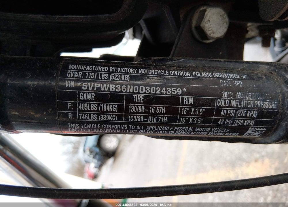 2013 VICTORY MOTORCYCLES HIGH-BALL VIN: 5VPWB36N0D3024359