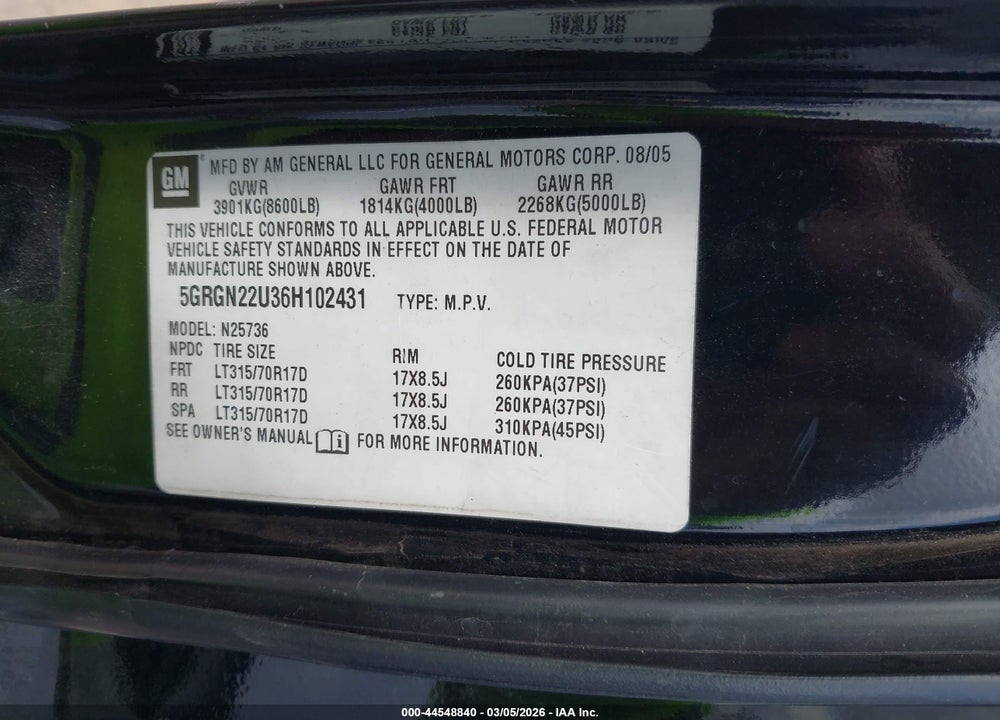2006 HUMMER H2 SUT VIN: 5GRGN22U36H102431