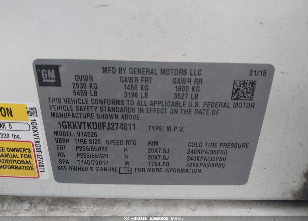 2015 GMC ACADIA DENALI VIN: 1GKKVTKD8FJ274811