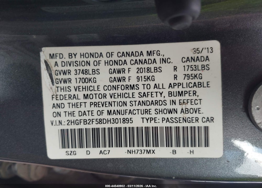 2013 HONDA CIVIC LX VIN: 2HGFB2F58DH301895