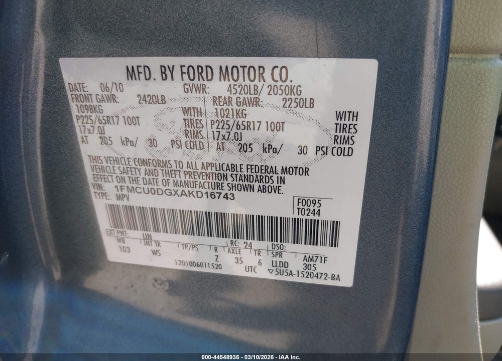2010 FORD ESCAPE XLT VIN: 1FMCU0DGXAKD16743