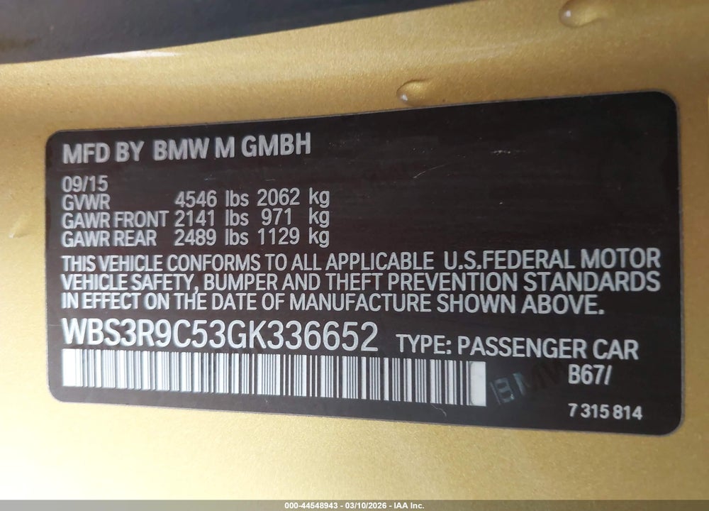 2016 BMW M4 VIN: WBS3R9C53GK336652