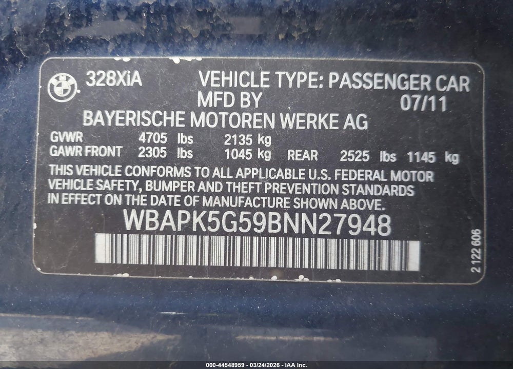 2011 BMW 328I XDRIVE VIN: WBAPK5G59BNN27948