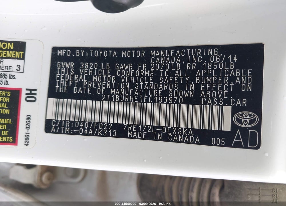 2014 TOYOTA COROLLA S PLUS VIN: 2T1BURHE1EC193970