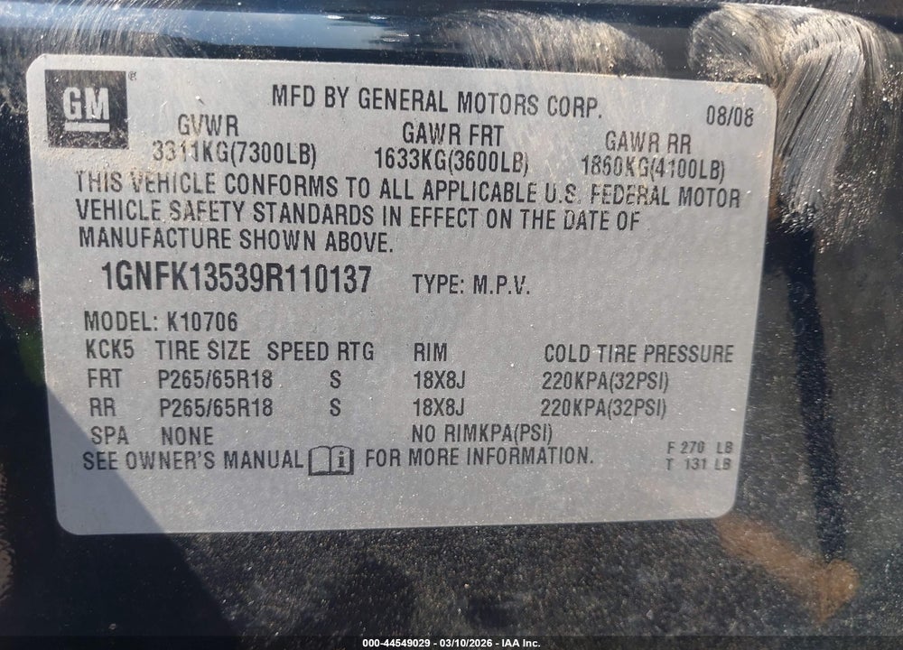 2009 CHEVROLET TAHOE HYBRID VIN: 1GNFK13539R110137