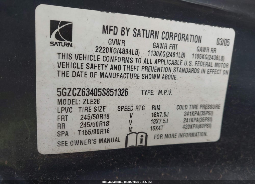 2005 SATURN VUE V6 VIN: 5GZCZ63405S851326
