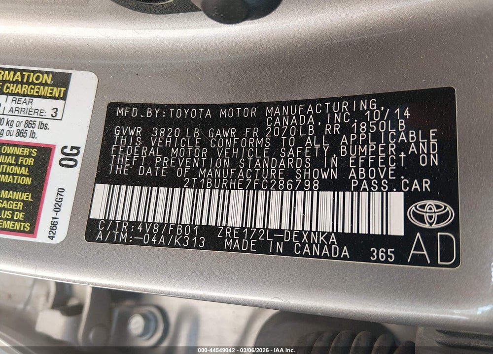 2015 TOYOTA COROLLA LE VIN: 2T1BURHE7FC286798