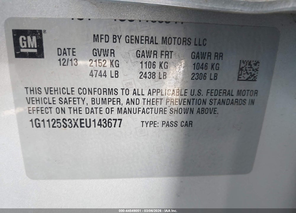 2014 CHEVROLET IMPALA 2LT VIN: 1G1125S3XEU143677