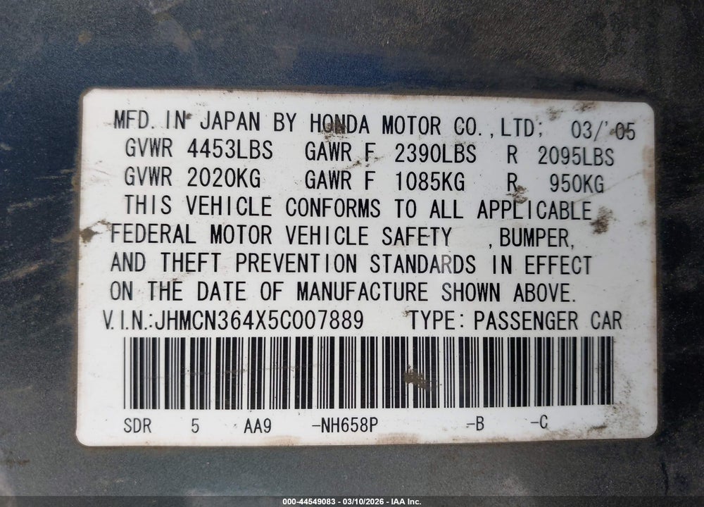 2005 HONDA ACCORD HYBRID IMA VIN: JHMCN364X5C007889