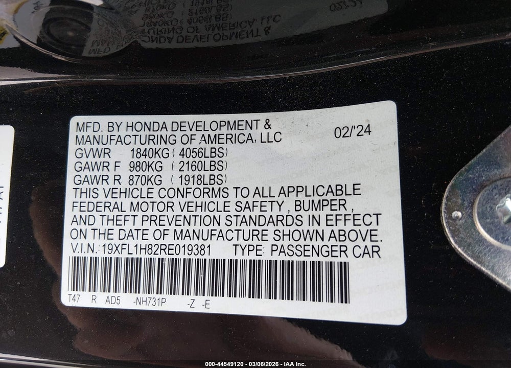 2024 HONDA CIVIC SPORT TOURING VIN: 19XFL1H82RE019381