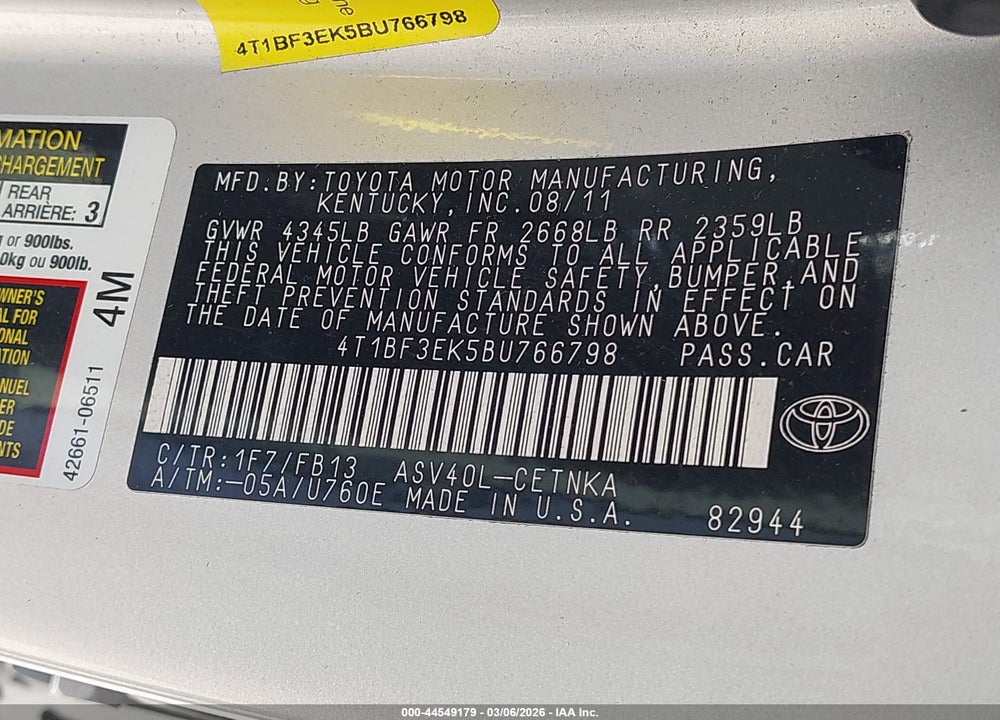 2011 TOYOTA CAMRY LE VIN: 4T1BF3EK5BU766798