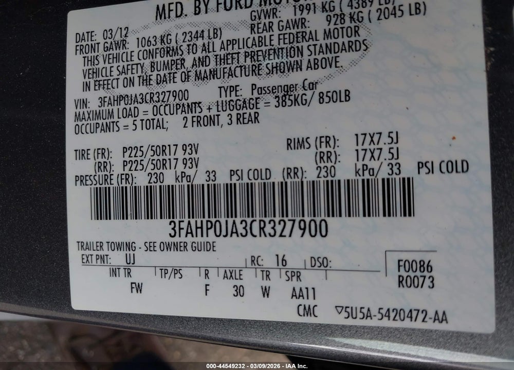 2012 FORD FUSION SEL VIN: 3FAHP0JA3CR327900