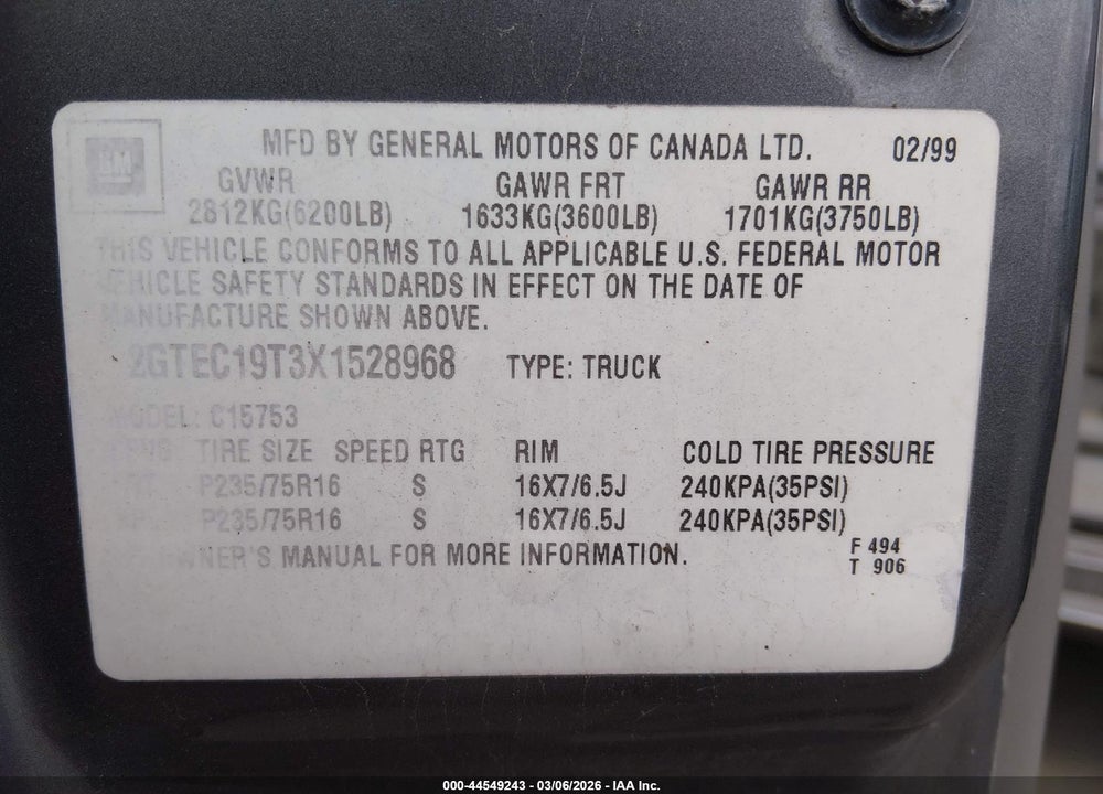 1999 GMC SIERRA 1500 SLE VIN: 2GTEC19T3X1528968