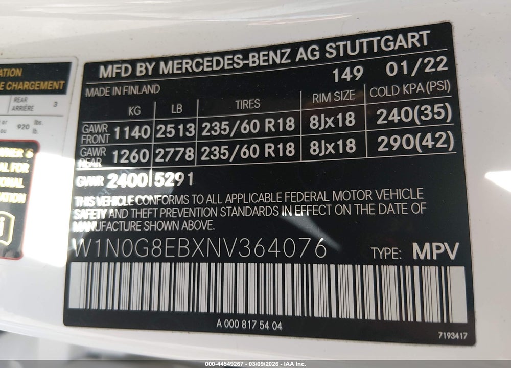 2022 MERCEDES-BENZ GLC 300 4MATIC SUV VIN: W1N0G8EBXNV364076
