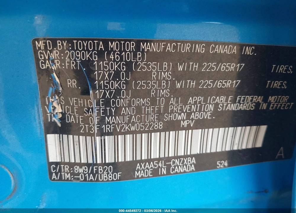 2019 TOYOTA RAV4 LE VIN: 2T3F1RFV2KW052288