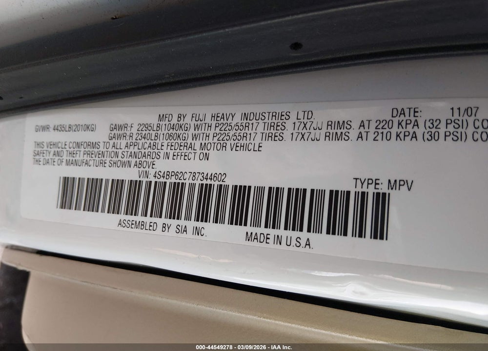 2008 SUBARU OUTBACK 2.5I LIMITED/2.5I LIMITED L.L. BEAN EDITION VIN: 4S4BP62C787344602