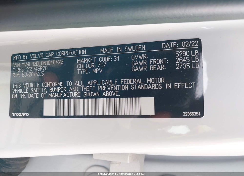 2022 VOLVO XC60 B5 INSCRIPTION VIN: YV4L12DL0N1046422