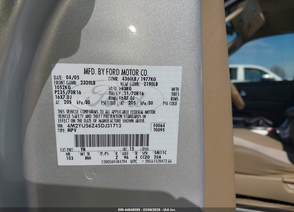 2005 MERCURY MARINER CONVENIENCE VIN: 4M2YU56Z45DJ31713