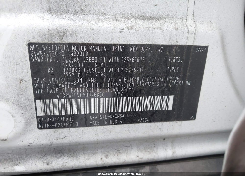 2021 TOYOTA RAV4 HYBRID XLE VIN: 4T3RWRFV6MU026830