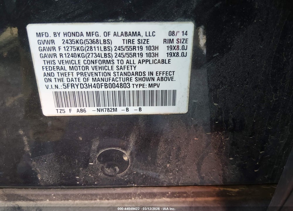 2015 ACURA MDX TECHNOLOGY PACKAGE VIN: 5FRYD3H40FB004803