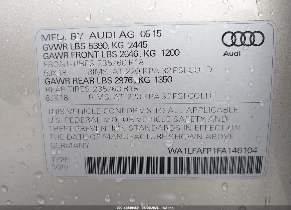 2015 AUDI Q5 2.0T PREMIUM VIN: WA1LFAFP1FA146104