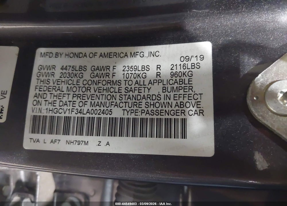 2020 HONDA ACCORD SPORT VIN: 1HGCV1F34LA002405
