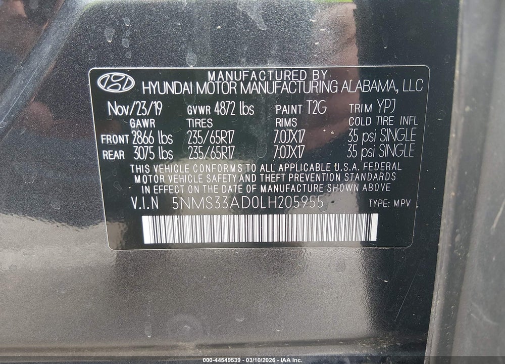 2020 HYUNDAI SANTA FE SEL VIN: 5NMS33AD0LH205955