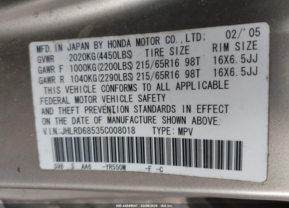 2005 HONDA CR-V LX VIN: JHLRD68535C008018